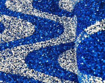 Sequin Wave Design On White stretch velvet all over 5mm shining sequins 2-way stretch, sold by the yard - Royal Blue - Silver.