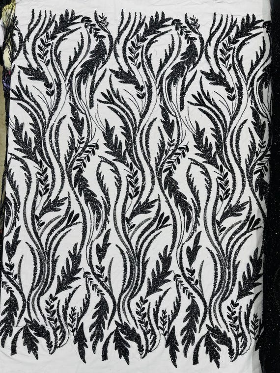 Black Luxury Festival Beaded Vine Lace Fabric, Sold by The Yard.