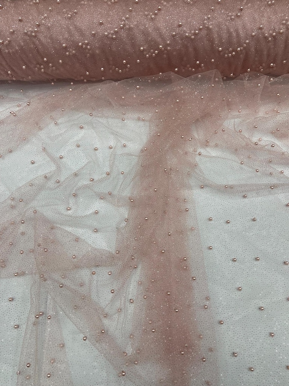 Blush Pearl Glitter Studded Mesh, 2-Way Stretch Shimmer Mesh Fabric, Sold by the yard.