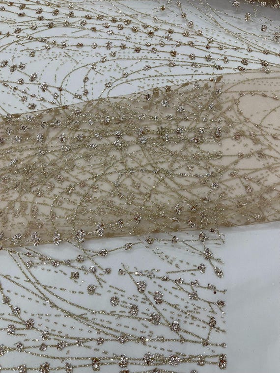 Champagne Galaxy Glitter Design On A Mesh Lace Fabric/Prom.