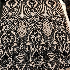 Shiny Sequin Damask Design On a 4 Way Stretch Mesh-Sold By the Yard. Black/Nude