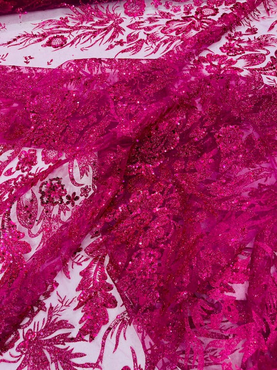 Fuchsia Big Glitter Damask Design On A Mesh Lace Fabric/Prom/Sold By The Yard