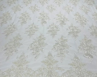 Corded Flowers Embroider With Sequins On a Mesh Lace Fabric-Sold By The Yard. Off White