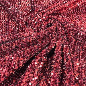 Shiny Sequins on a Stretch Velvet Fabric-Prom-Nightgown-Sold by the Yard. Cranberry