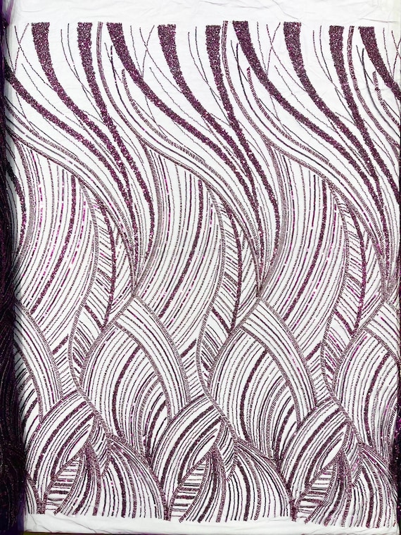Eggplant Luxury Feather Damask Beaded Lace Fabric| Prom| Wedding| By The Yard.