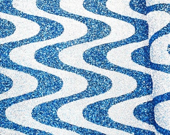 Sequin Wave Design On White stretch velvet all over 5mm shining sequins 2-way stretch, sold by the yard - Light Blue - White.
