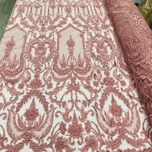 Diva Design Embroidery with Heavy Beaded On a Mesh Lace-Sold By The Yard. Dusty Rose