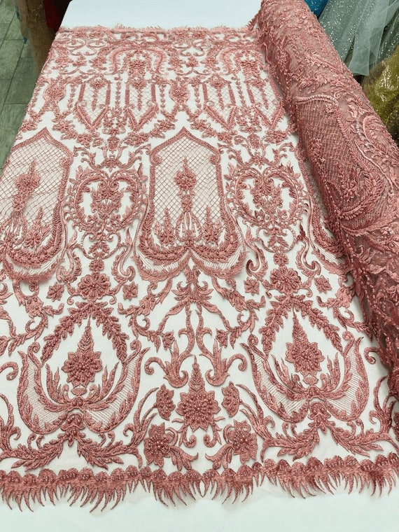 Diva Design Embroidery with Heavy Beaded On a Mesh Lace-Sold By The Yard. Dusty Rose