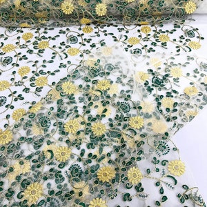 Multi Color Gold Metallic Floral Design Embroider On a Ivory Mesh Lace-Dresses-Sold By The Yard. Hunter Green