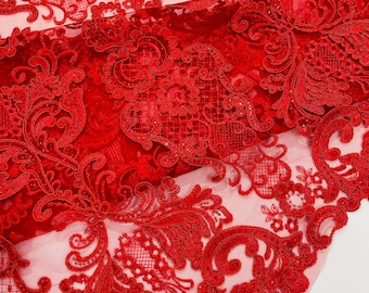 Red Embroidery Damask Design With Sequins On A Mesh Lace Fabric/Prom/Wedding