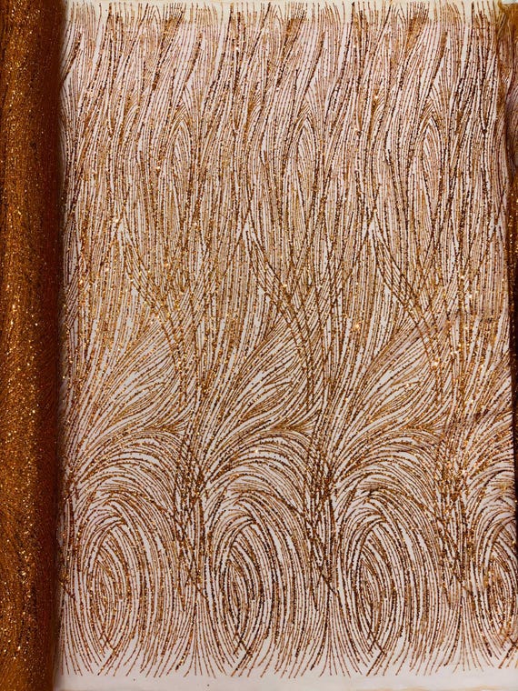Burnt Orange Fashion Glitter Design On A Mesh Lace Fabric/Prom.