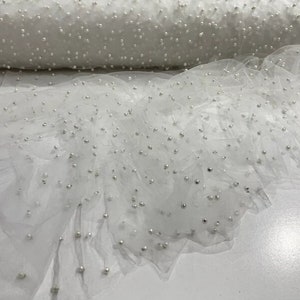 Scattered Pearls Studded Mesh, 2-Way Stretch, Sold By The Yard. White