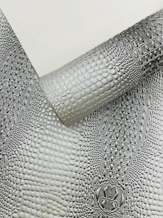 Mercury Silver Glossy Two Tone Gator Fake Leather Upholstery, 3D Crocodile Skin Texture Faux Leather PVC Vinyl, 54" Wide