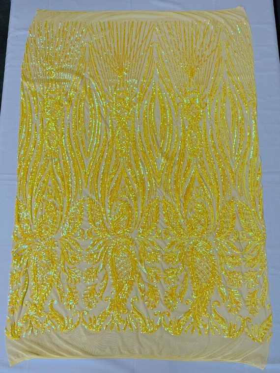 Paisley Sequin Design On a 4 Way Stretch Mesh-Prom-Sold By the Yard. Yellow Iridescent