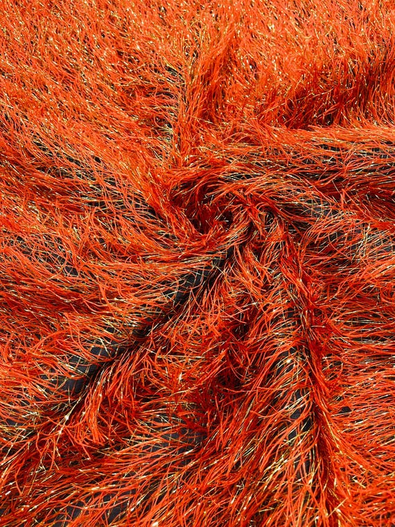 Rust Shaggy Jacquard Faux Ostrich/Eye Lash Feathers Sewing Fringe With Metallic Thread Fabric By The Yard