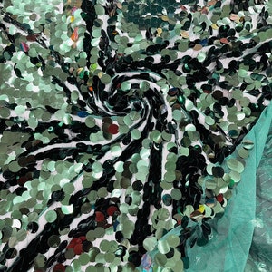 Hunter Green Round Sequin Paillette On Green Mesh Fabric/ 54 Inches Wide/Cosplays Fabric/Prom/Backdrops.