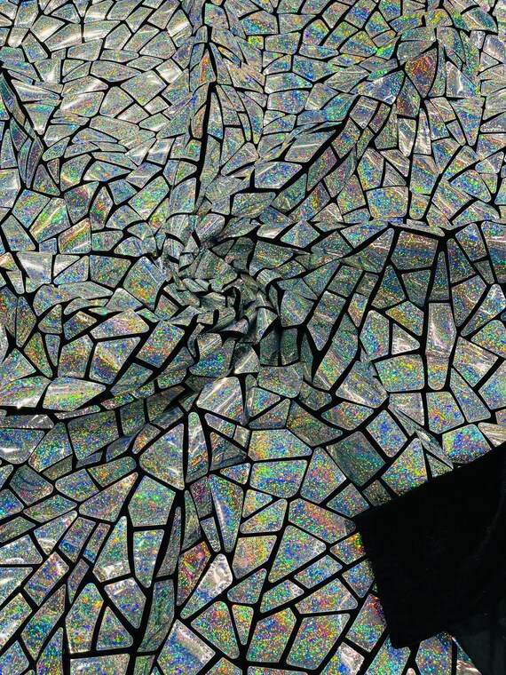 Silver Holographic Shiny Broken Glass Sequin Design/Geometric/ On Black Stretch Velvet Fabric Sold By The Yard.