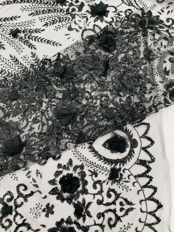 Black Floral 3D Palm Damask with glitter in a Mesh Lace- Sold by the yard.