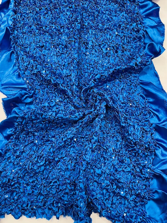 Royal Blue Pleated Stretch Satin Ruffle lace Trim With Hologram Sequin/24" Wide/Sold By The Yard.