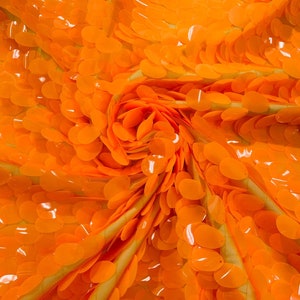 Neon Orange Jumbo Sequins Oval Sequin Paillette/Tear Drop Mermaid Big Sequins Fabric On Orange Mesh/ 54 Inches Wide.