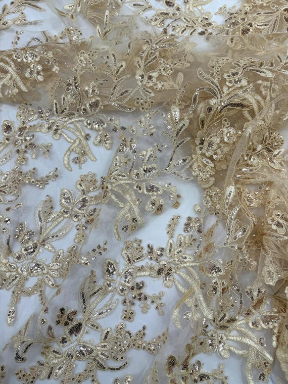 Champagne Corded Lace with Butterfly Embroidery and Sequin on Mesh Fabric.-Sold by the yard