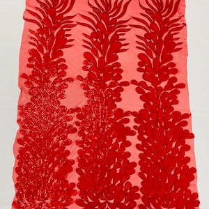 Vegas Design-Feathers Peacock with Embroidery Sequins on Stretch Mesh Lace Fabric (By 3 Panels)  Red