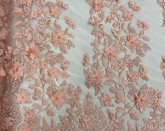 Blush Pink Princess 3D Floral Design Embroider and Beaded With Pearls On a Mesh Lace-Prom-Dresses-Nightgown-Apparel-Fashion-Sold by Yard.
