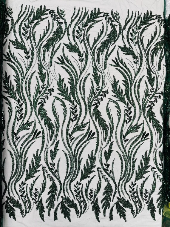 Hunter Green Luxury Festival Beaded Vine Lace Fabric, Sold by The Yard.