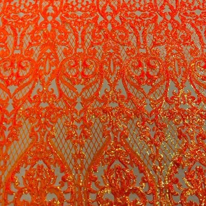 Deluxe Damask Iridescent Sequin Design on  4 Way Stretch Mesh Fabric-Prom-Sold By The Yard. Neon Orange