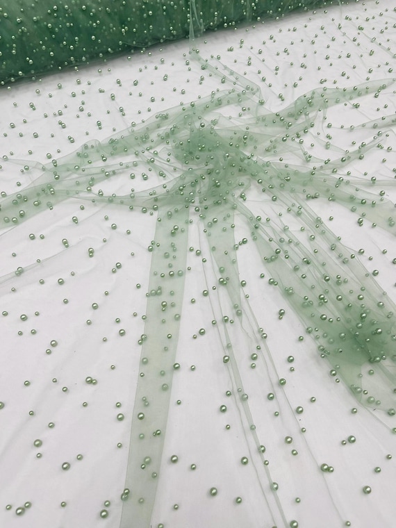 Sage Green Heavy Scattered Pearls Studded Mesh, 2-Way Stretch, Sold By The Yard.