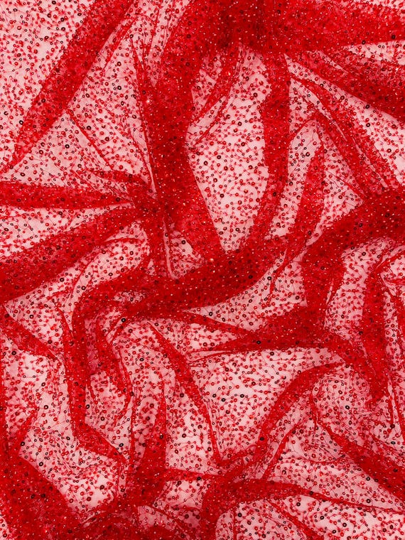Red All Over Luxury Beaded Mesh with Pearls, Sequins for Wedding Dresses, Prom Gowns