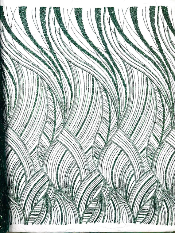 Hunter Green Luxury Feather Damask Beaded Lace Fabric| Prom| Wedding| By The Yard.