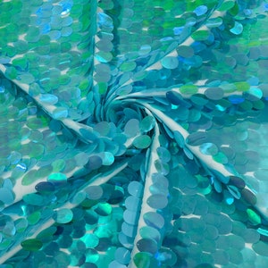 Mint Green Iridescent Jumbo Sequins Oval Sequin Paillette/Tear Drop Mermaid Big Sequins Fabric On Mint Mesh/ 54 Inches Wide.