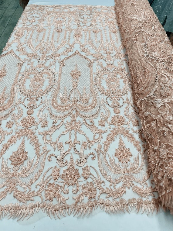 Diva Design Embroidery with Heavy Beaded On a Mesh Lace-Sold By The Yard. Blush Peach