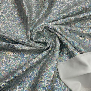 Silver Hologram Mini Glitz Sequins on a 4 Way Stretch Spandex Fabric- Sold by The Yard