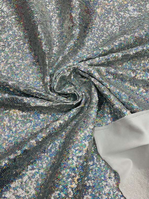 Silver Hologram Mini Glitz Sequins on a 4 Way Stretch Spandex Fabric- Sold by The Yard