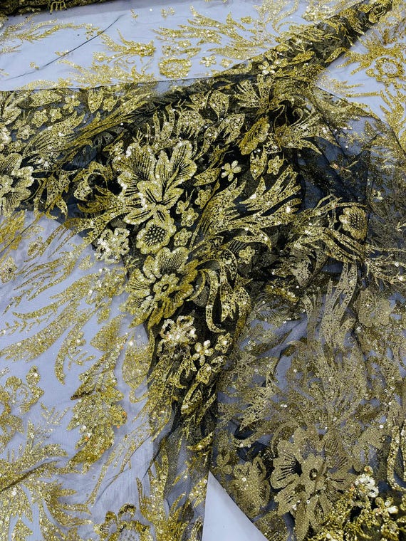 Gold Black  Big Glitter Damask Design On A Mesh Lace Fabric/Prom/Sold By The Yard