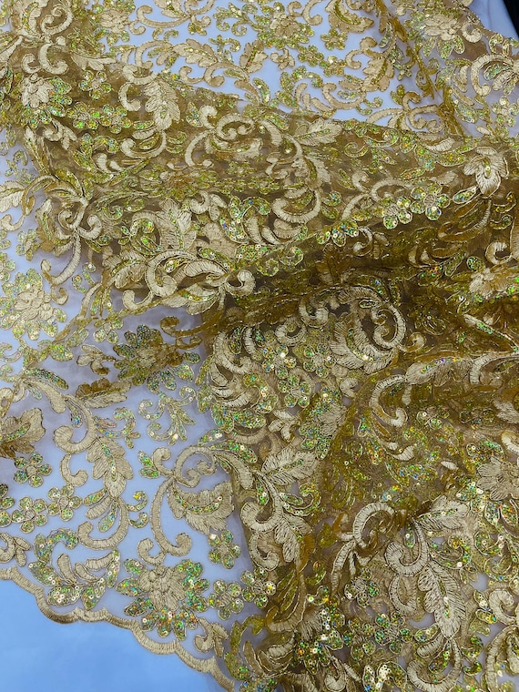 Gold Metallic Corded Flowers Embroider With Sequins On a Mesh Lace Fabric- Sold By The Yard.