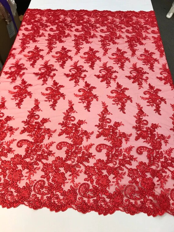 Floral Design Embroidery On a Mesh Lace With Sequins And Cord-Dresses-Fashion-Prom-Nightgown-Sold By the Yard Red