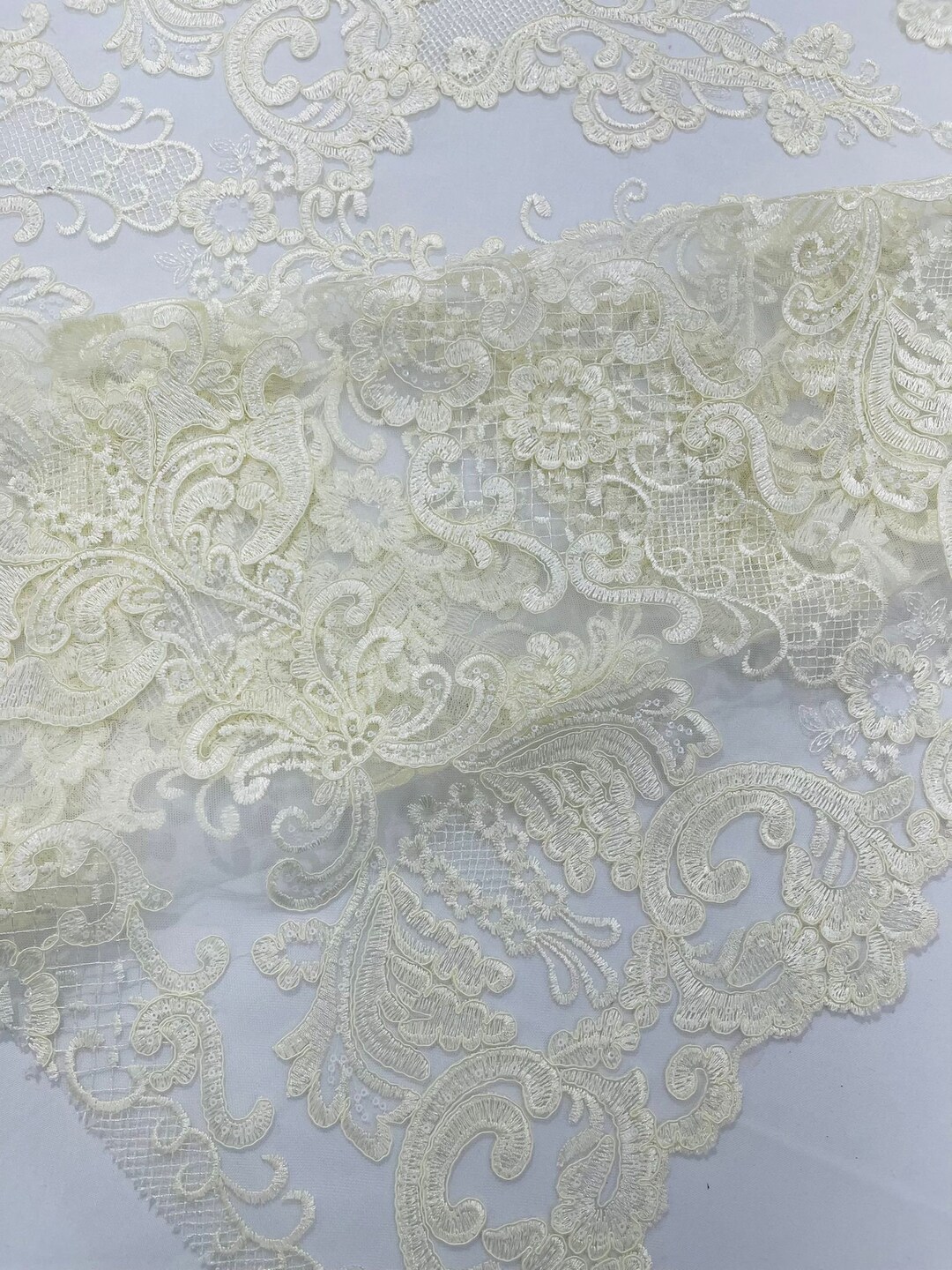 SILVER METALLIC DAMASK LACE EMBROIDERY ON A TEXTURE MESH-BY YARD.