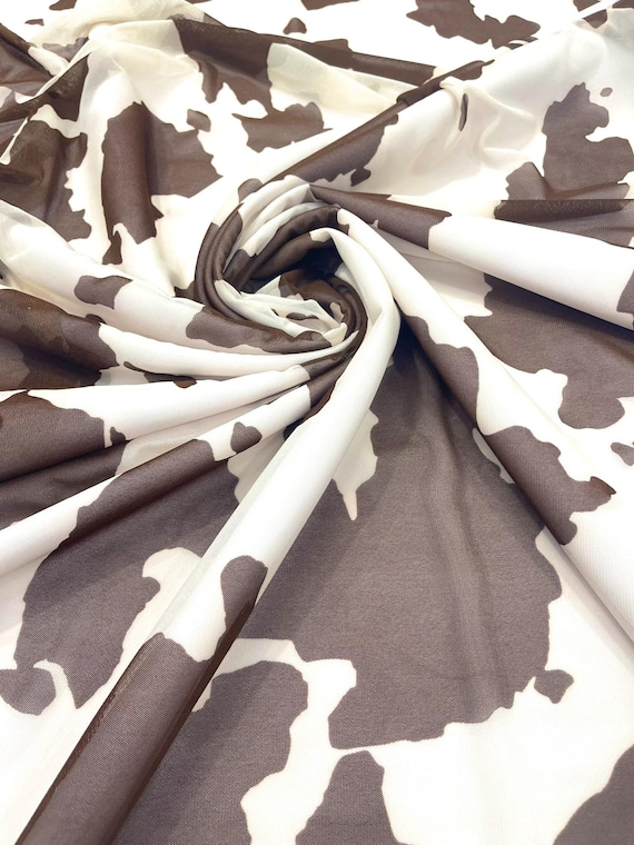 Brown/White Cow Print 4 Way Stretch Power Mesh Nylon Sheer Fabric/58 Inches Wide.