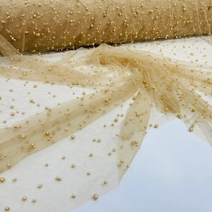 Heavy Scattered Pearls Studded Mesh, 2-Way Stretch, Sold By The Yard. Gold