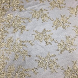 Sensational Flowers Embroider And Corded On a Polkadot Mesh Lace -Yard. Metallic Ivory