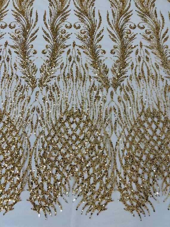 Gold Feathers damask embroider and heavy beaded on a mesh lace fabric- Sold by the yard