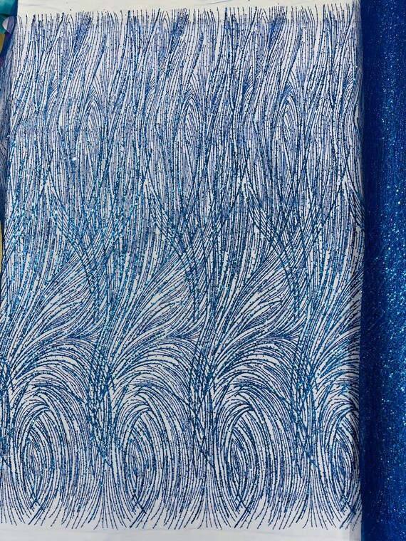 Royal Blue Fashion Glitter Design On A Mesh Lace Fabric/Prom.