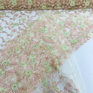 Multi Color Gold Metallic Floral Design Embroider On a Ivory Mesh Lace-Dresses-Sold By The Yard. Blush