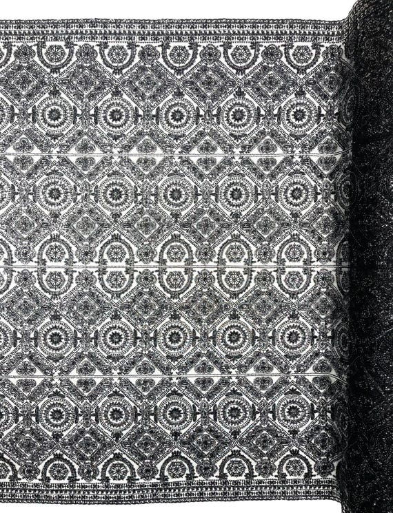 Black Geometric Beaded Lace Fabric, Heavy Embroidered Mesh for Bridal and Evening Gowns