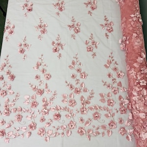 Ruby 3D Floral Design Embroider with Pearls in a Mesh Lace-Dresses-Fashion-Decorations-Prom-Nightgown-Sold By the Yard. Dusty Rose