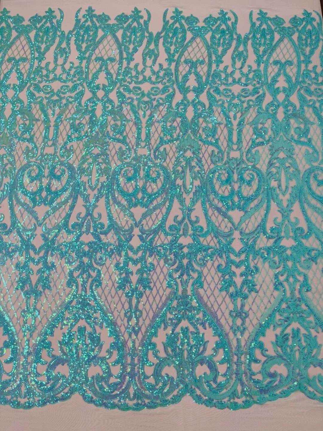 New Green iridescent shiny sequin damask design on a Black 4 way stretch mesh-sold by the yard.