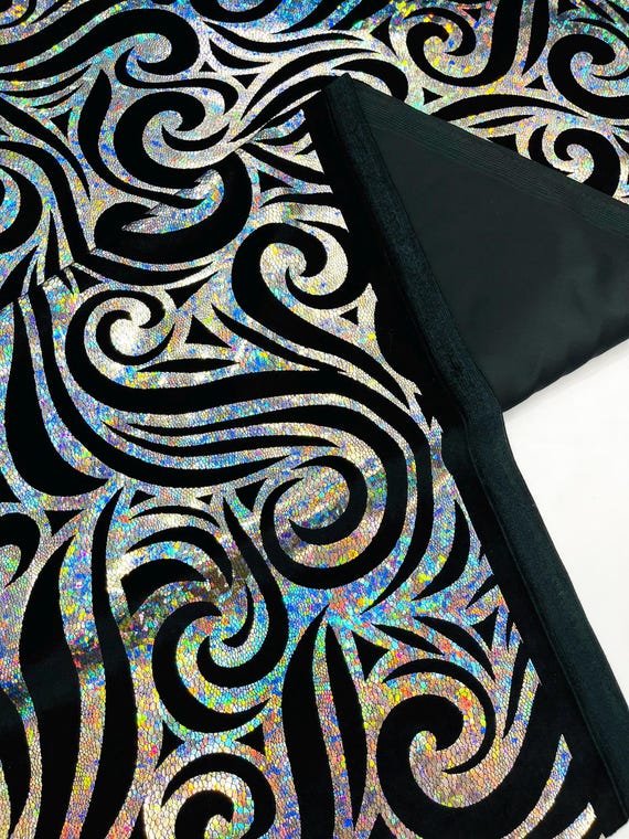Silver Black Holographic Foil Tribal Flame Design On A Stretch Velvet Fabric. By The Yard